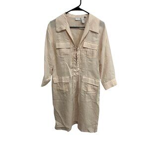 Spiegel Lace Up Linen Blend Shirt Dress Cargo Pocket Beige Sz 12 Neutral Coastal